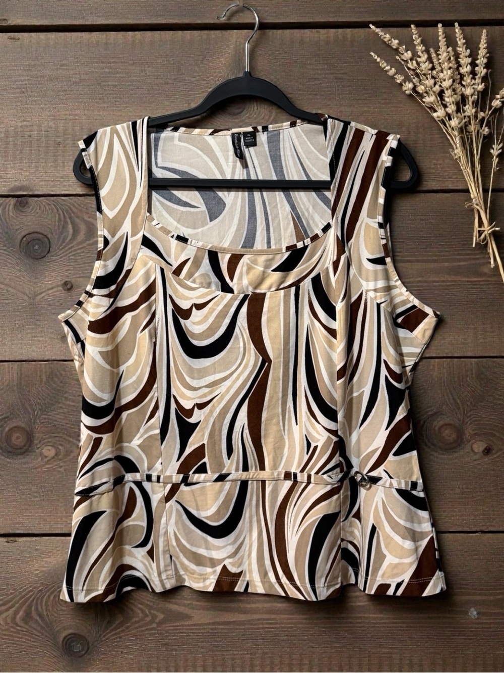 Essentials by Milano Swirl Abstract Print Sleeveless Top in Cream, Brown & Black